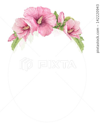 Watercolor oval frame with pink hibiscus flowers arranged along the upper edge and green leaves, an illustration for wedding invitations, cards, stationery, menus, posters and decor. Watercolor oval frame with pink hibiscus flowers arranged along the upper edge and green leaves, an illustration for wedding invitations, cards, stationery, menus, posters and decor. 142220943