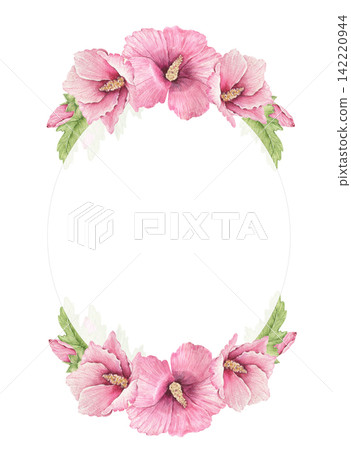 Watercolor oval floral frame with pink hibiscus flowers and green leaves, an illustration for wedding invitations, greeting cards, stationery, menus, posters, packaging and nursery decor. Watercolor oval floral frame with pink hibiscus flowers and green leaves, an illustration for wedding invitations, greeting cards, stationery, menus, posters, packaging and nursery decor. 142220944