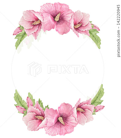 Watercolor oval hibiscus wreath with pink flowers and green leaves, an illustration for wedding invitations, greeting cards, stationery, menus, posters, packaging, nursery decor and crafts. Watercolor oval hibiscus wreath with pink flowers and green leaves, an illustration for wedding invitations, greeting cards, stationery, menus, posters, packaging, nursery decor and crafts. 142220945