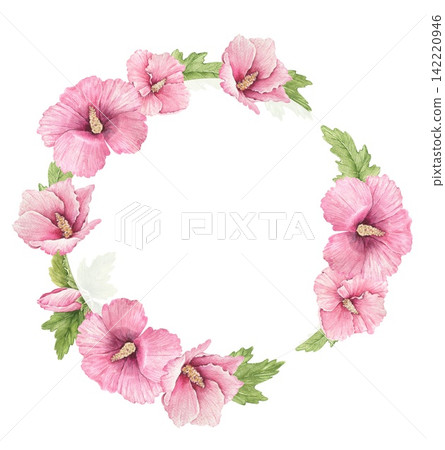 Watercolor hibiscus wreath with pink flowers and green leaves, an illustration for wedding invitations, greeting cards, stationery, menus, posters, packaging, nursery decor and crafts. Watercolor hibiscus wreath with pink flowers and green leaves, an illustration for wedding invitations, greeting cards, stationery, menus, posters, packaging, nursery decor and crafts. 142220946