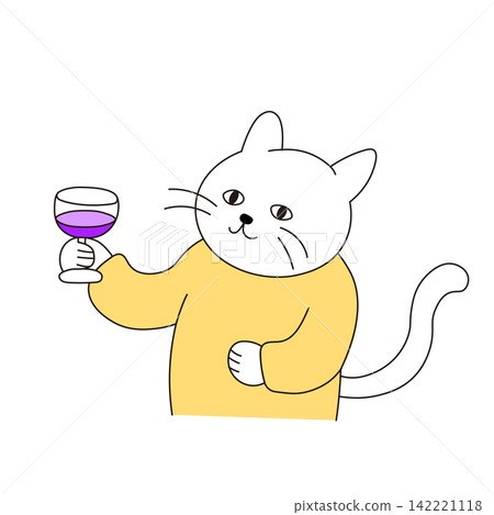 一隻可愛的貓咪拿著酒杯（線條描圖） 142221118