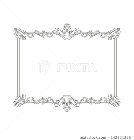 Vintage ornamental frame with elegant centered top and bottom accents isolated on white. Hand drawn vector design for invitations, monograms, certificates, labels, stationery and luxury branding Vintage ornamental frame with elegant centered top and bottom accents isolated on white. Hand drawn vector design for invitations, monograms, certificates, labels, stationery and luxury branding 142221256