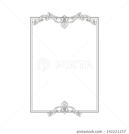 Vintage ornamental frame with elegant centered top and bottom accents isolated on white. Hand drawn vector design for invitations, monograms, certificates, labels, stationery and luxury branding Vintage ornamental frame with elegant centered top and bottom accents isolated on white. Hand drawn vector design for invitations, monograms, certificates, labels, stationery and luxury branding 142221257