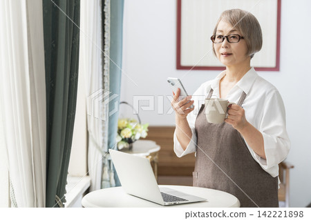 A senior woman using her laptop by the living room window. A senior woman using her laptop by the living room window. 142221898