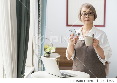 A senior woman using her laptop by the living room window. A senior woman using her laptop by the living room window. 142221899