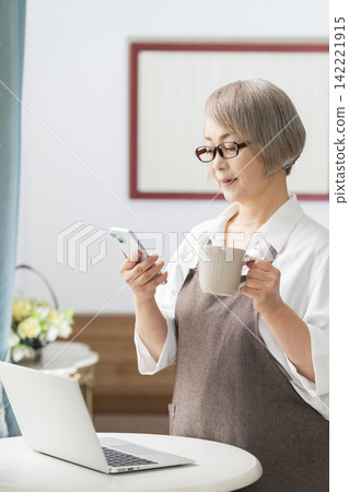 A senior woman using her laptop by the living room window. A senior woman using her laptop by the living room window. 142221915