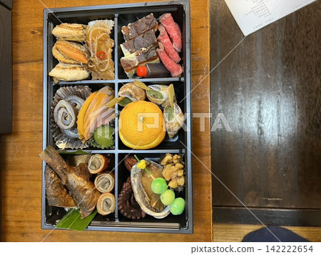 琳瑯滿目的禦節料理盛放在多層餐盒中,構成了一頓豐盛的新年盛宴。這是一張俯瞰拍攝的傳統日式慶祝餐的照片。 琳瑯滿目的禦節料理盛放在多層餐盒中,構成了一頓豐盛的新年盛宴。這是一張俯瞰拍攝的傳統日式慶祝餐的照片。 142222654