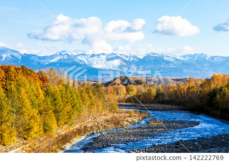 北海道美瑛町的秋色清新宜人，美瑛川穿城而過，秋葉紛飛，十勝山脈巍峨聳立。 142222769