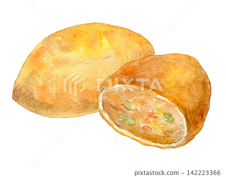 Watercolor illustration of piroshki (a type of Japanese pancake). Watercolor illustration of piroshki (a type of Japanese pancake). 142223366