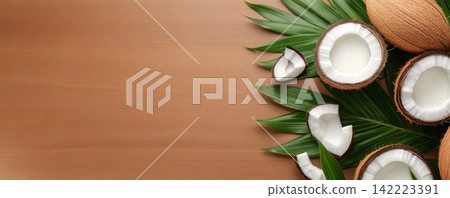 Assortment of Coconut Based Products and Tropical Leaves on Wooden Background 142223391