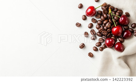 Captivating Abstract Arrangement of Coffee Beans and Cherries on a Textured Background 142223392