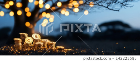 Glowing Financial Symbols Hanging from Ethereal Baobab Tree in Desert Landscape Glowing Financial Symbols Hanging from Ethereal Baobab Tree in Desert Landscape 142223583