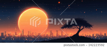 Futuristic Cityscape with Baobab Tree Silhouette at Dramatic Sunset Futuristic Cityscape with Baobab Tree Silhouette at Dramatic Sunset 142223592