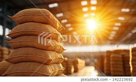 Stacked Rice Sacks in a Sunlit Warehouse Interior Stacked Rice Sacks in a Sunlit Warehouse Interior 142223692