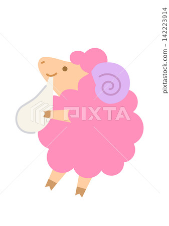 A cute sheep eating mochi (rice cake) - a New Year's card illustration. A cute sheep eating mochi (rice cake) - a New Year's card illustration. 142223914