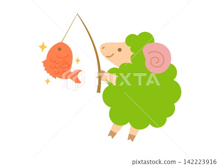 一張新年賀卡插圖,描繪了一隻色彩斑斕的綿羊在捕獲一條鯛魚後歡欣雀躍的場景。 一張新年賀卡插圖,描繪了一隻色彩斑斕的綿羊在捕獲一條鯛魚後歡欣雀躍的場景。 142223916