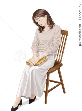 插圖描繪了一位年輕女子坐在椅子上打瞌睡的情景。 插圖描繪了一位年輕女子坐在椅子上打瞌睡的情景。 142224147