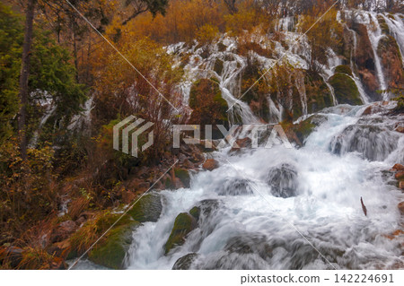 Shuzheng Waterfall in Jiuzhaigou China in autumn Shuzheng Waterfall in Jiuzhaigou China in autumn 142224691