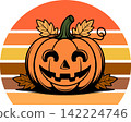 Halloween Pumpkin with Autumn Leaves Retro Sunset Illustration 142224746
