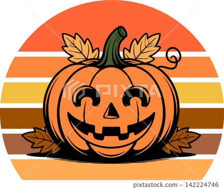 Halloween Pumpkin with Autumn Leaves Retro Sunset Illustration Halloween Pumpkin with Autumn Leaves Retro Sunset Illustration 142224746