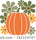 Autumn Pumpkin with Flowers Seasonal Illustration 142224747
