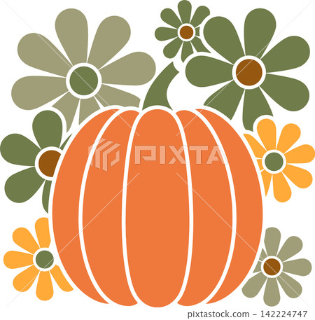 Autumn Pumpkin with Flowers Seasonal Illustration Autumn Pumpkin with Flowers Seasonal Illustration 142224747