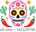Colorful Sugar Skull with Cactus and Chili Peppers Illustration 142224748