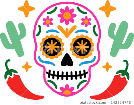 Colorful Sugar Skull with Cactus and Chili Peppers Illustration Colorful Sugar Skull with Cactus and Chili Peppers Illustration 142224748
