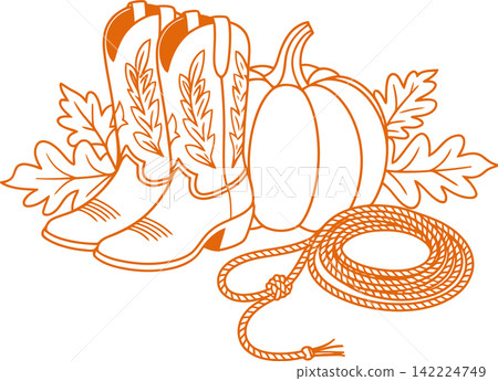 Western Cowboy Boots with Pumpkin and Rope Autumn Illustration Western Cowboy Boots with Pumpkin and Rope Autumn Illustration 142224749