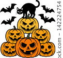 Halloween Pumpkins with Black Cat and Bats Cartoon Illustration 142224754