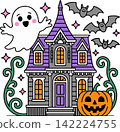 Cute Haunted House with Ghost Bats and Pumpkin Halloween Illustration 142224755