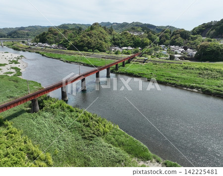 A beautiful aerial view of the Kitagawa River and Kitagawa Bridge in spring. A beautiful aerial view of the Kitagawa River and Kitagawa Bridge in spring. 142225481