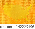 A gold folding screen background image featuring a silhouette of the United States map and a pattern of US dollar currency. 142225496