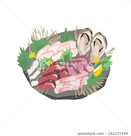 手繪插圖,描繪了一盤時令生魚片 手繪插圖,描繪了一盤時令生魚片 142225594