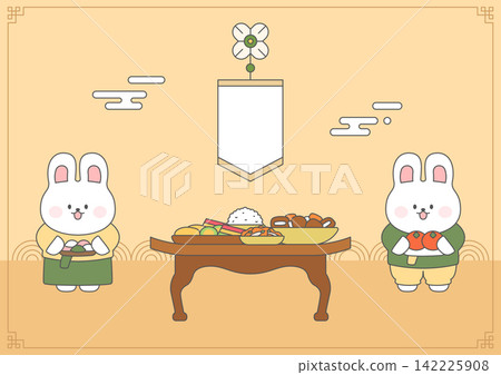 Rabbits dressed in hanbok with Korean food. Rabbits dressed in hanbok with Korean food. 142225908