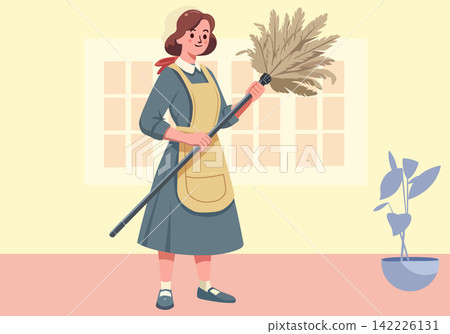 Maid or Housewife Cleaning with Feather Duster Illustration Maid or Housewife Cleaning with Feather Duster Illustration 142226131