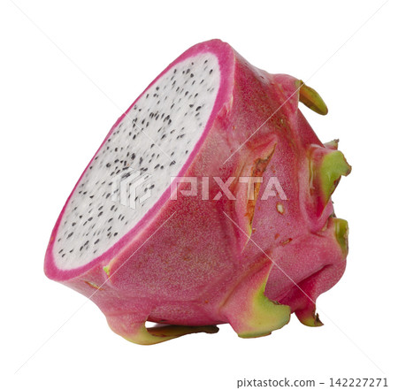 Fresh dragon fruit whole, half-cut, and slices isolated on a white background Fresh dragon fruit whole, half-cut, and slices isolated on a white background 142227271