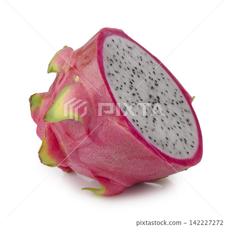 Fresh dragon fruit whole, half-cut, and slices isolated on a white background Fresh dragon fruit whole, half-cut, and slices isolated on a white background 142227272