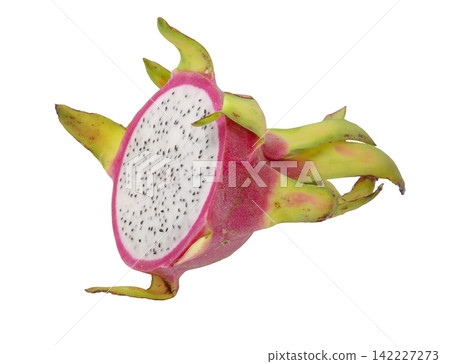 Fresh dragon fruit whole, half-cut, and slices isolated on a white background 142227273