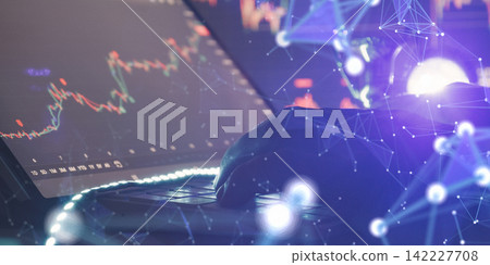 Blockchain technology and decentralized finance concept. Trader using laptop with global digital network overlay and stock market charts. Blockchain technology and decentralized finance concept. Trader using laptop with global digital network overlay and stock market charts. 142227708