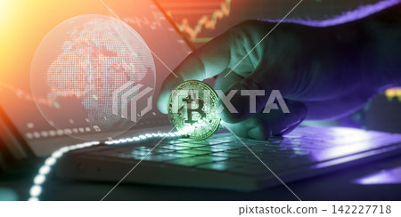 Future of Global Finance: Investor Trading Crypto Online with Futuristic Holographic Market Graphs Future of Global Finance: Investor Trading Crypto Online with Futuristic Holographic Market Graphs 142227718