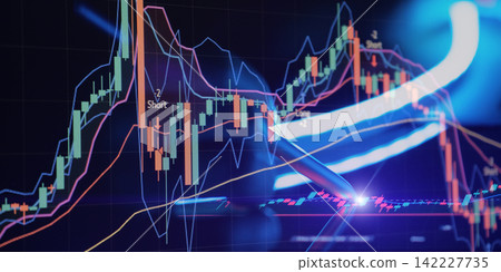 Futuristic stock market analytics concept with dynamic neon light trails and cryptocurrency indicators 142227735