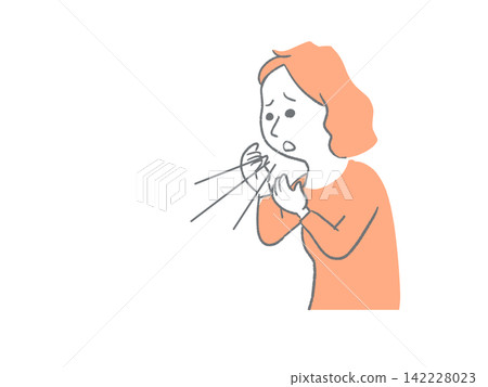 一幅簡單的插圖,描繪了一位感到不適、咳嗽的女性的上半身。 一幅簡單的插圖,描繪了一位感到不適、咳嗽的女性的上半身。 142228023