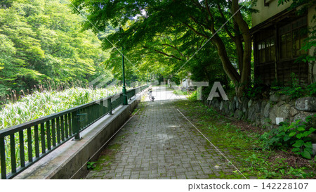 鹽原溫泉地區(栃木縣那須鹽原市)沿著北河有綠樹成蔭的步道、步道和吊橋。 鹽原溫泉地區(栃木縣那須鹽原市)沿著北河有綠樹成蔭的步道、步道和吊橋。 142228107