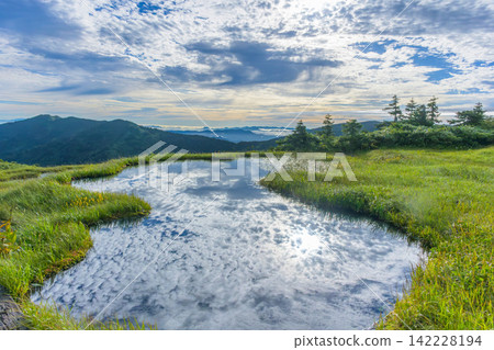 會津駒嶽山頂附近廣闊的高海拔濕地,以及倒映著天空的池塘的美麗景色。 會津駒嶽山頂附近廣闊的高海拔濕地,以及倒映著天空的池塘的美麗景色。 142228194