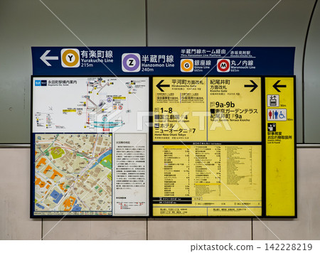 Tokyo Metro Namboku Line, Nagatacho Station platform: Transfer and exit information signs. Tokyo Metro Namboku Line, Nagatacho Station platform: Transfer and exit information signs. 142228219