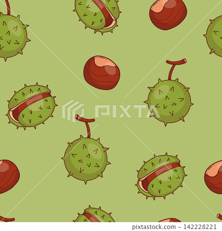 Seamless Pattern with Chestnuts and Spiky Husks. Tree Fruits Whole, Open And Peeled Nuts on Green Background. Hand Drawn. Autumn Harvest. Vector Illustration for Gift Wrapping Paper, Fabric Print Seamless Pattern with Chestnuts and Spiky Husks. Tree Fruits Whole, Open And Peeled Nuts on Green Background. Hand Drawn. Autumn Harvest. Vector Illustration for Gift Wrapping Paper, Fabric Print 142228221