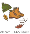 Autumn fashion and nature icon set. Illustrations of a knit hat, boots, and autumn leaves. Vector illustration. 142228402