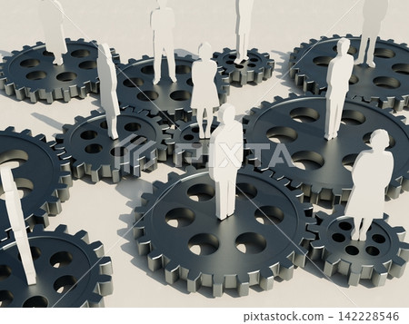 Silhouettes of a man and woman rotating on a gear - 3D illustration Silhouettes of a man and woman rotating on a gear - 3D illustration 142228546