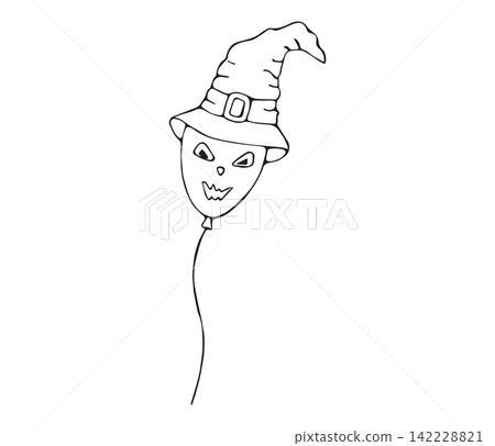 Hand Drawn Spooky Halloween Balloon Character with Witch Hat and Scary Face Line Art Doodle Illustration Hand Drawn Spooky Halloween Balloon Character with Witch Hat and Scary Face Line Art Doodle Illustration 142228821